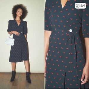 Rouje Navy Blue Midi Wrap Dress with Red Cherry Print